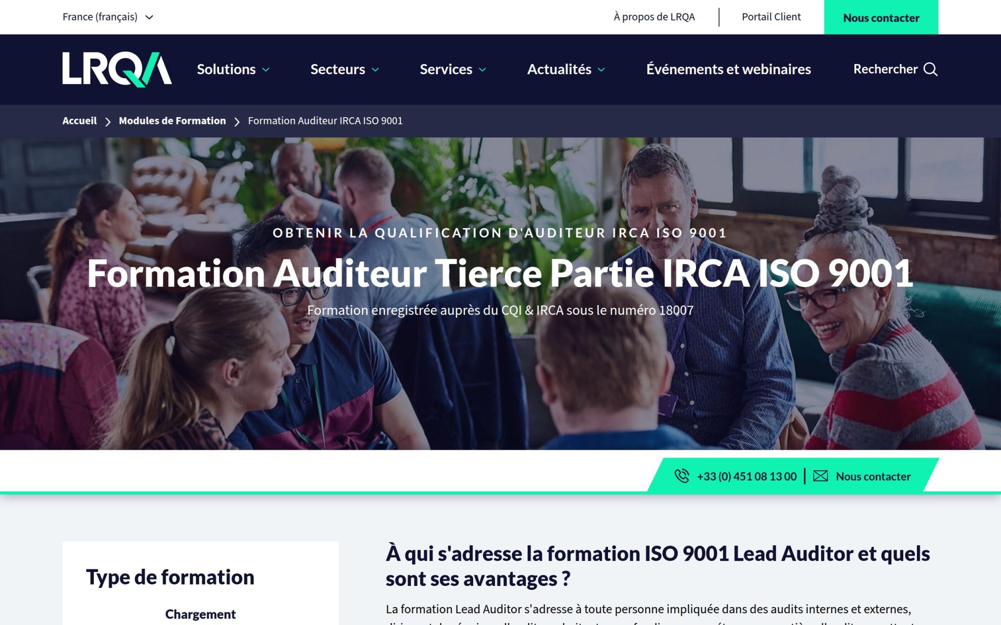 Formation Auditeur Tierce Partie IRCA ISO 9001 - LRQA