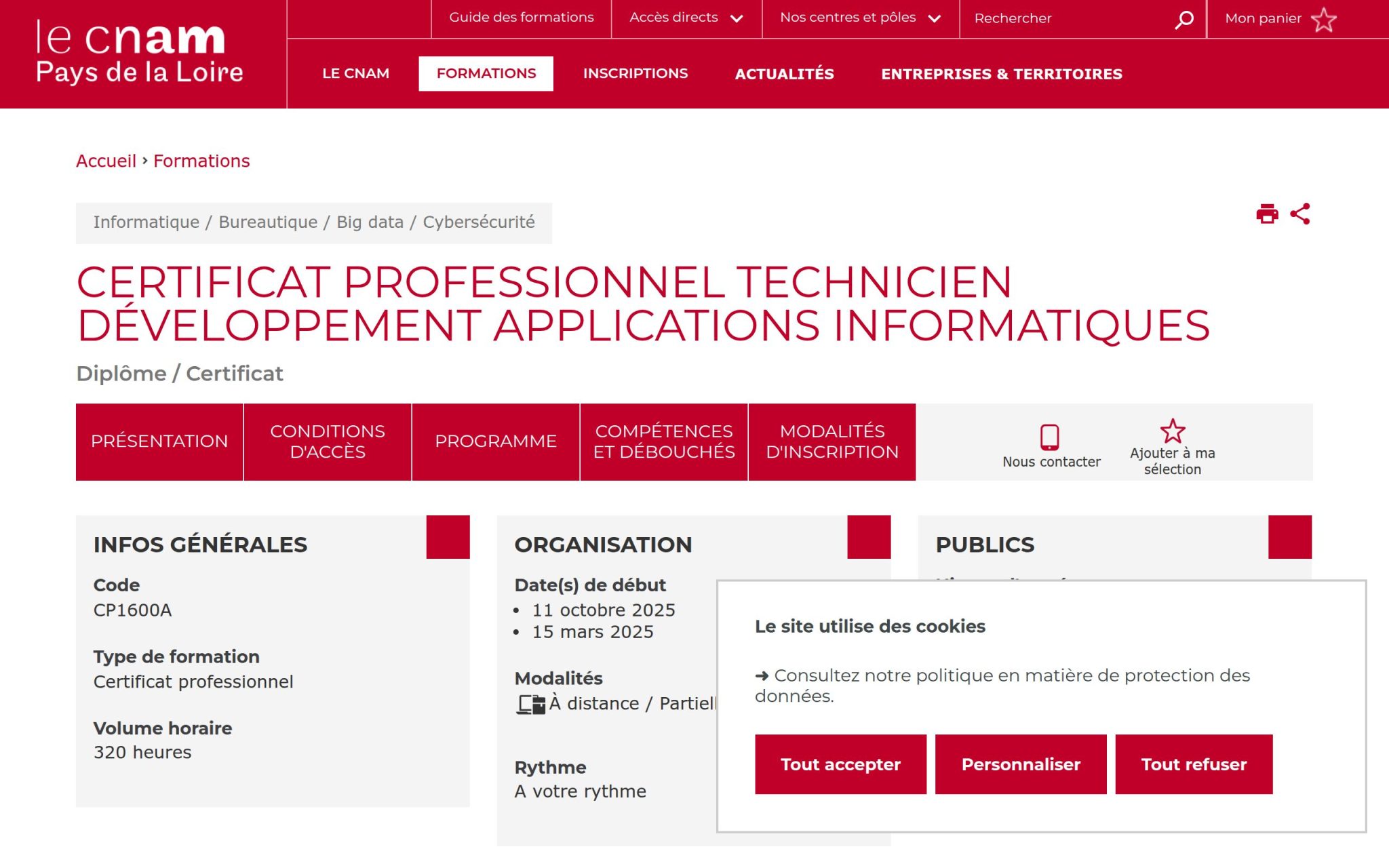 Certificat professionnel Technicien développement applications informatiques - Cnam Pays de la Loire