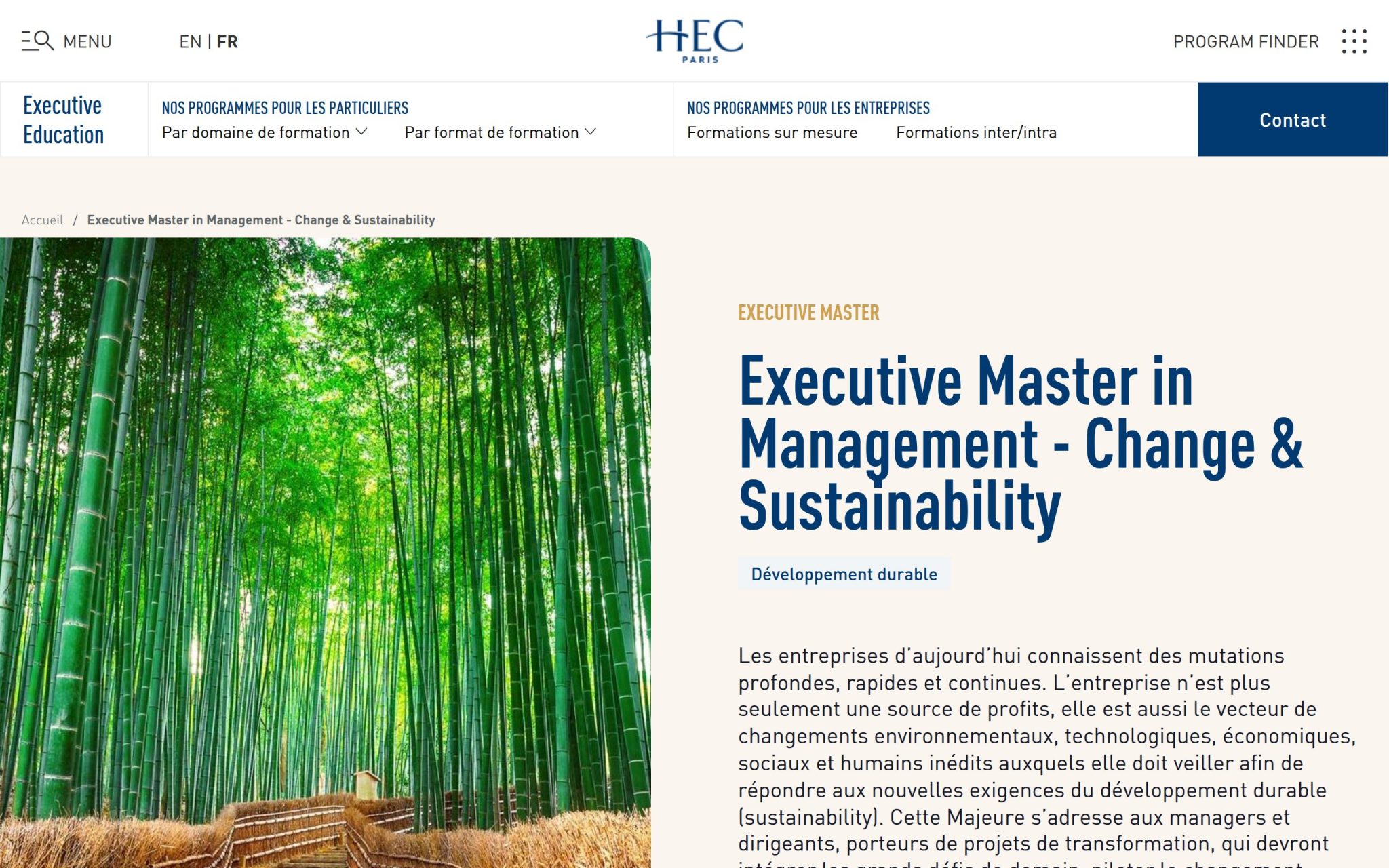 Master ExĂ©cutif en Management â Changement & DĂ©veloppement Durable - HEC Paris