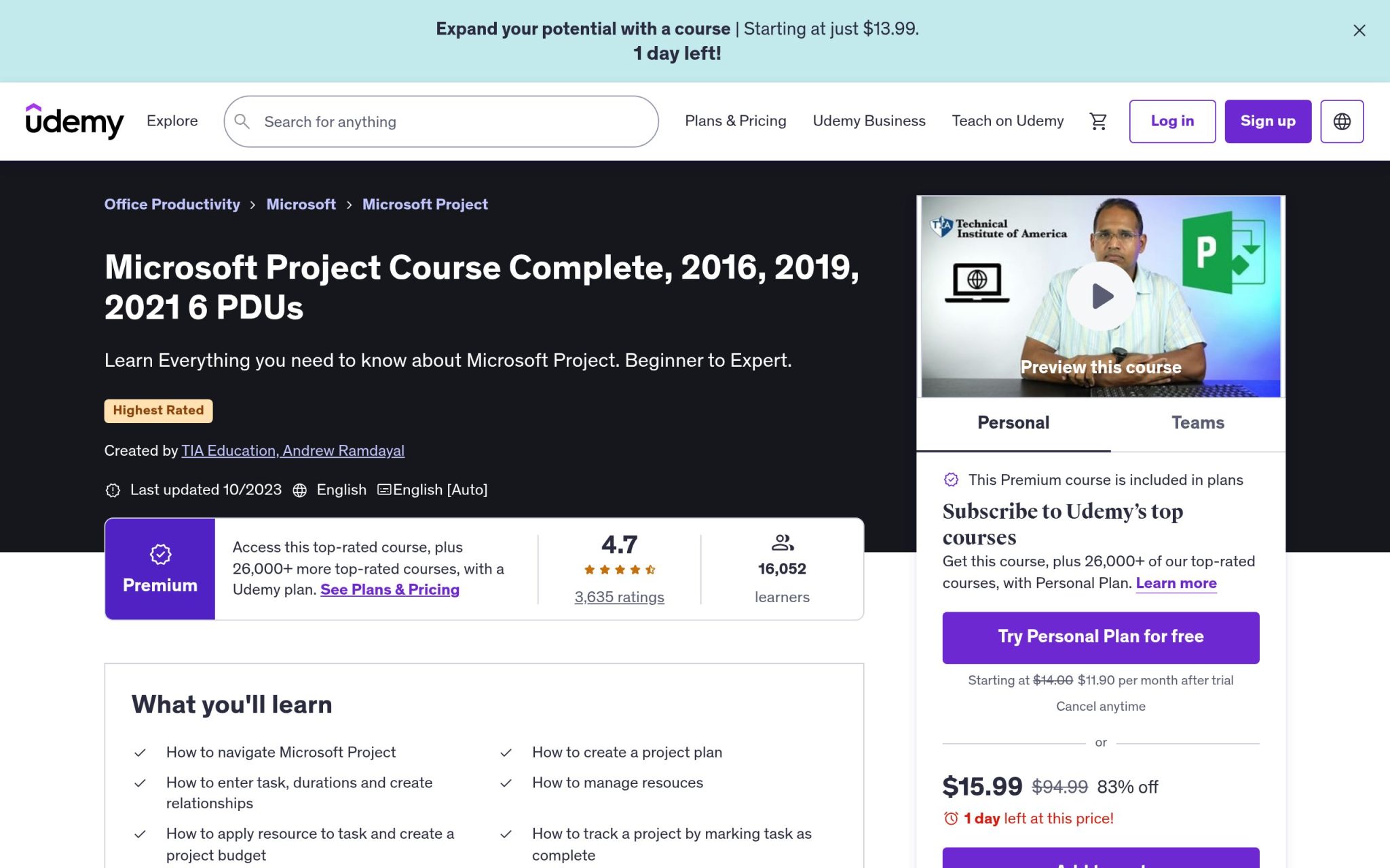 Microsoft Project Course Complete, 2016, 2019, 2021 6 PDUs - Udemy