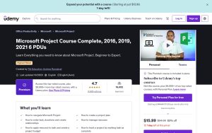Microsoft Project Course Complete, 2016, 2019, 2021 6 PDUs – Udemy