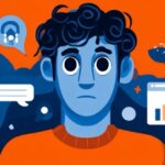 Flat simple vector illustration style. Use the colours Space Cadet Blue Cadmium Orange Venetian Red Moonstone Topaz Beige Raisin Black Cadet Blue and with this color, a bright color background. Depict a person overwhelmed by many different email software icons and options swirling around their head, showing confusion and decision-making stress. In the foreground, highlight five key icons representing smart features like automation, analytics, personalization, segmentation, and engagement tools. --chaos 15 --ar 4:1 --v 7 Job ID: f98c8eb2-d90a-4c37-a0a2-bf702d2ed249