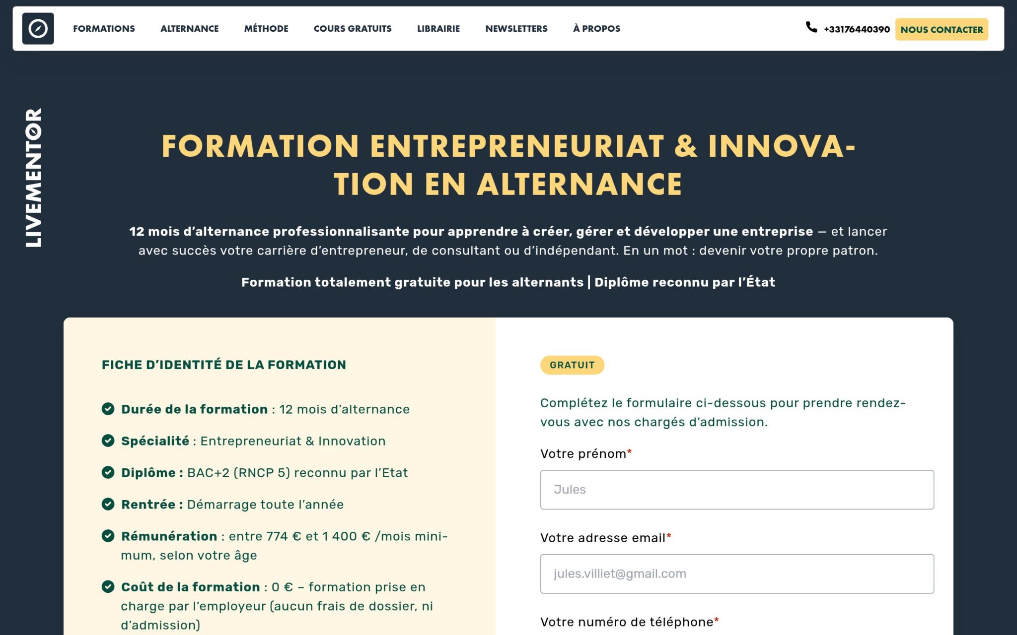 Formation entrepreneuriat & innovation en alternance - Livementor