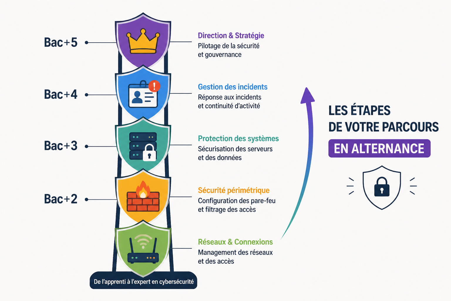 Alternance en cybersécurité : rythme, missions confiées et débouchés 2 Quels niveaux de diplôme préparer en alternance ?