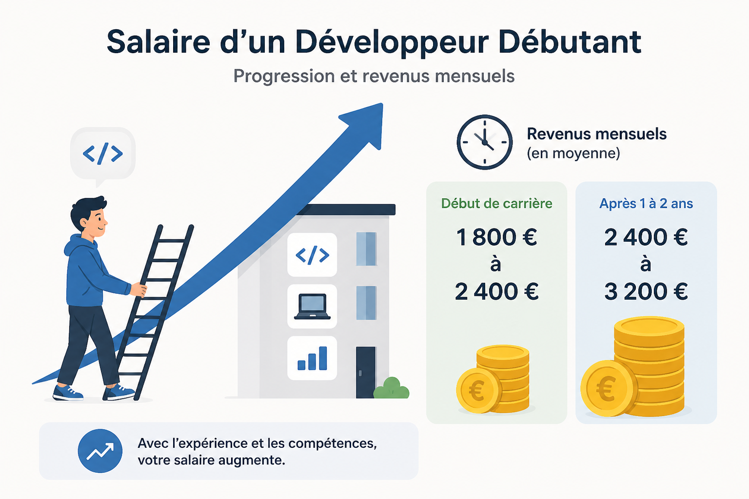 Salaire d'un développeur web : débutant, confirmé et selon les technos 2 Quel est le salaire d'un développeur web débutant ?