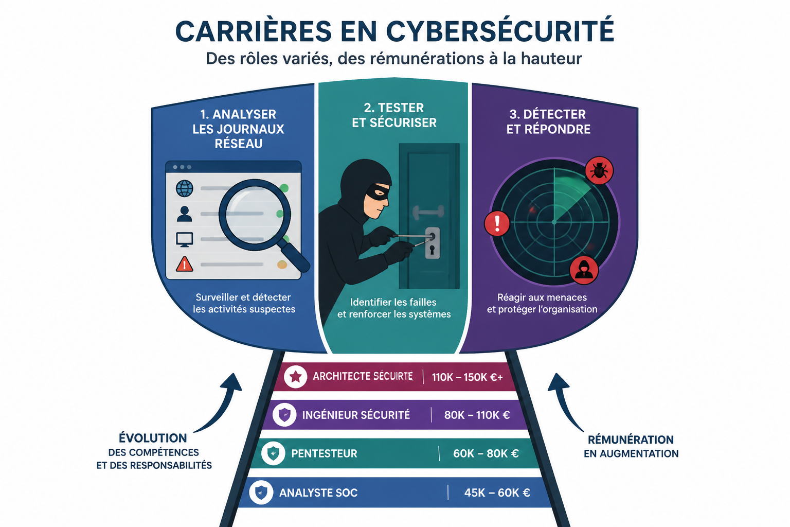 Quels sont les principaux métiers de la cybersécurité et lequel choisir ? 2 Quel est le rôle et le salaire de chaque métier ?