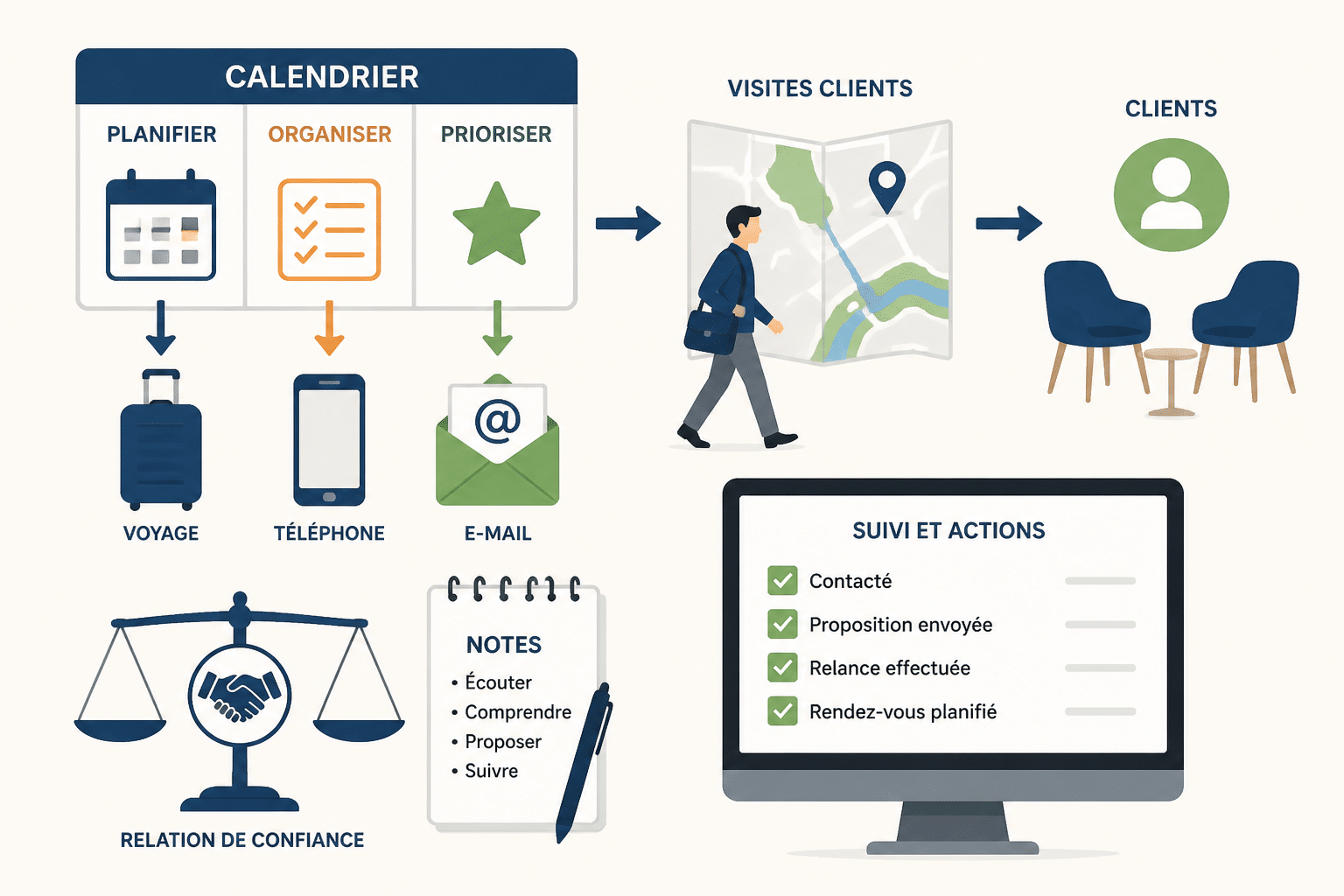 Fiche métier commercial : missions, journée type et compétences 3 À quoi ressemble la journée type ?