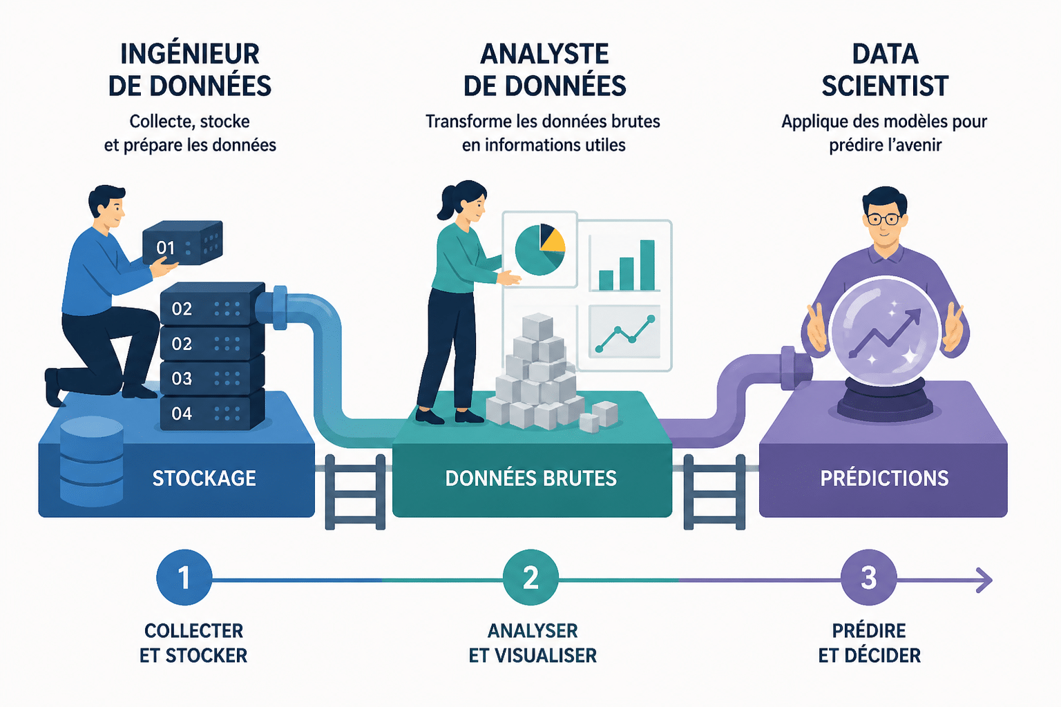 Data analyst, data scientist, data engineer : quelles différences ? 1 Quels sont les trois métiers de la data et leurs rôles ?