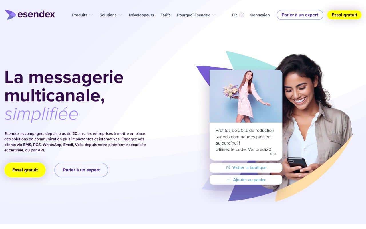 Les 7 meilleures plateformes d'envoi de sms en masse 2 Page d’accueil Esendex présentant sa plateforme de messagerie multicanale