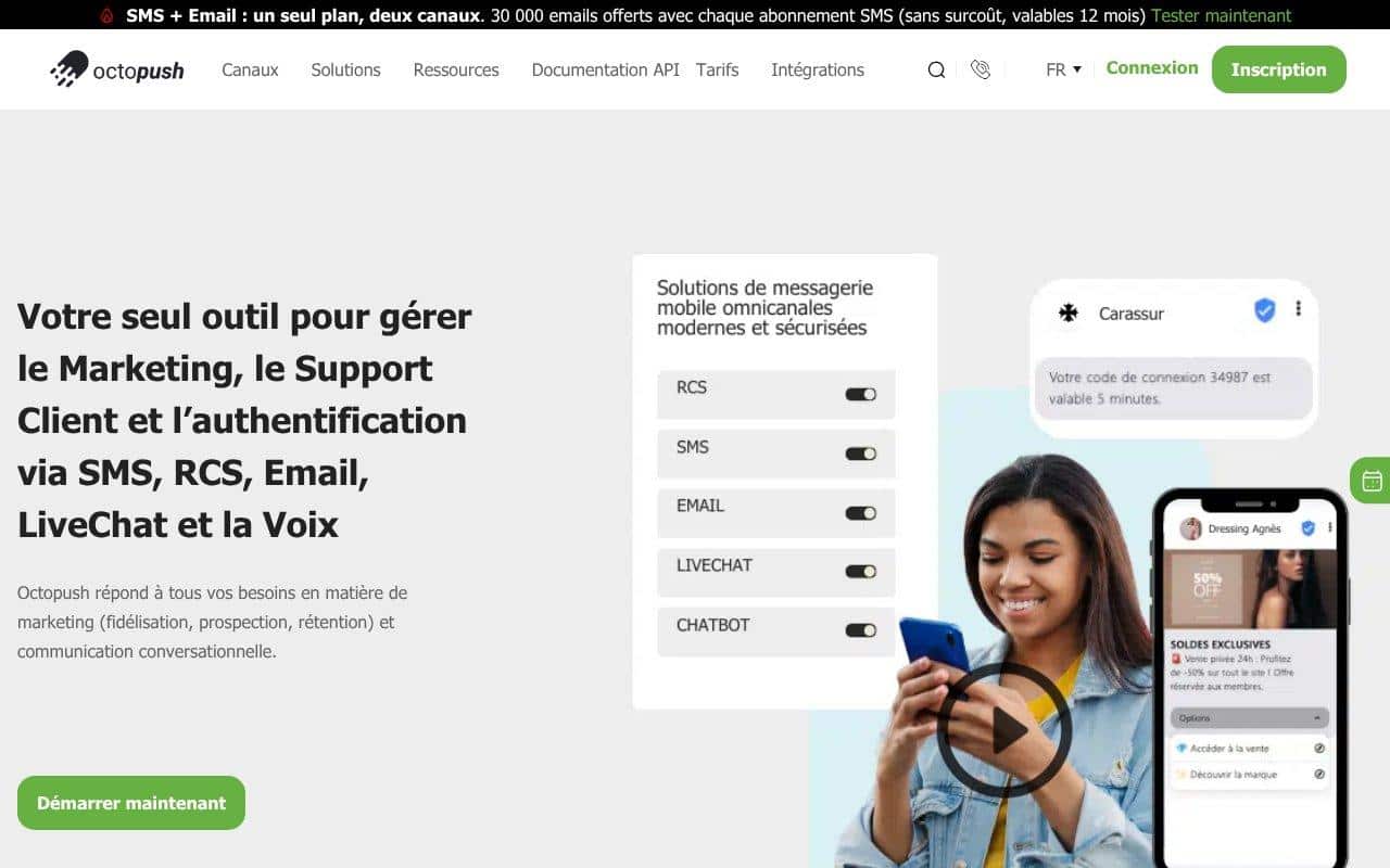 Les 7 meilleures plateformes d'envoi de sms en masse 7 Page d’accueil Octopush présentant ses solutions SMS, RCS, e-mail et voix