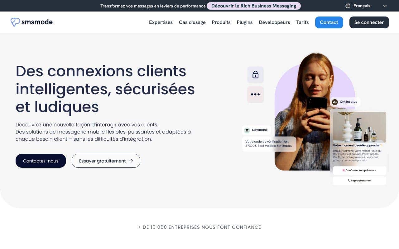 Les 7 meilleures plateformes d'envoi de sms en masse 9 Page d’accueil smsmode présentant sa messagerie mobile sécurisée